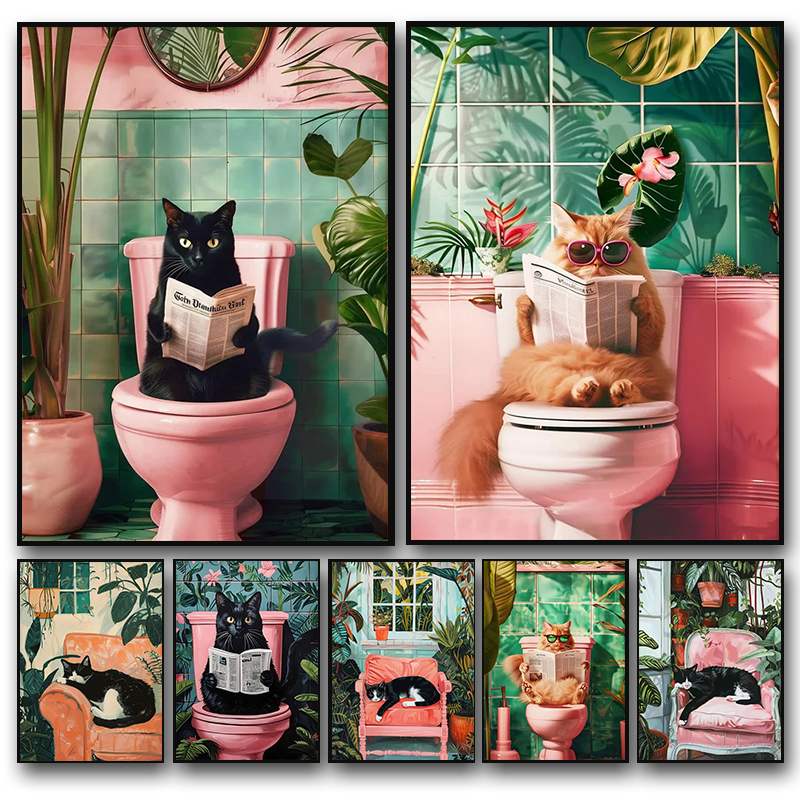 Funny Cat on Toilet Wall Art C - Home Bathroom Pictures บทวิจารณ์และราคา