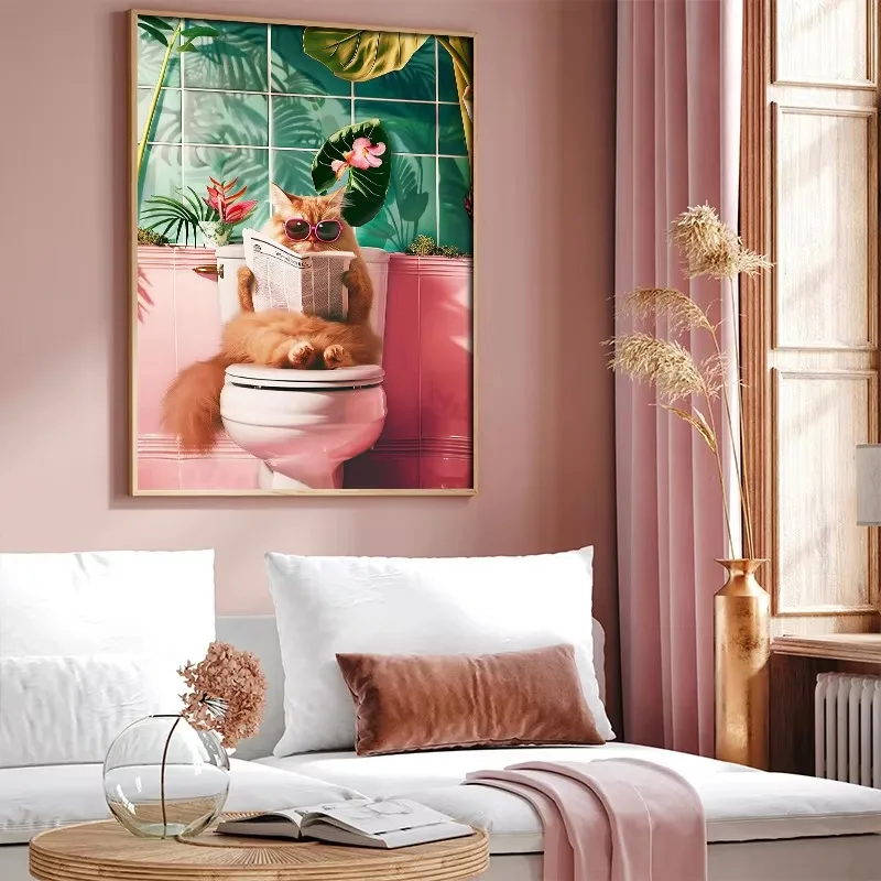 Funny Cat on Toilet Wall Art C - Home Bathroom Pictures บทวิจารณ์และราคา